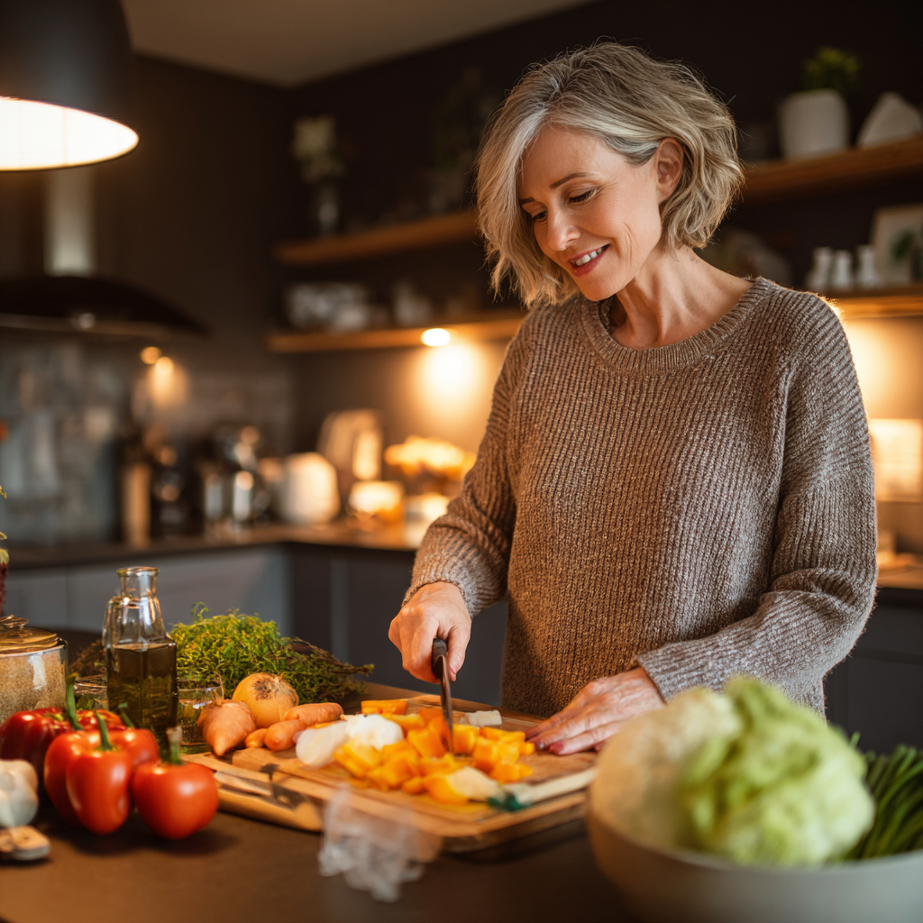Middle-aged woman preparing healthy balanced meal in modern kitchen