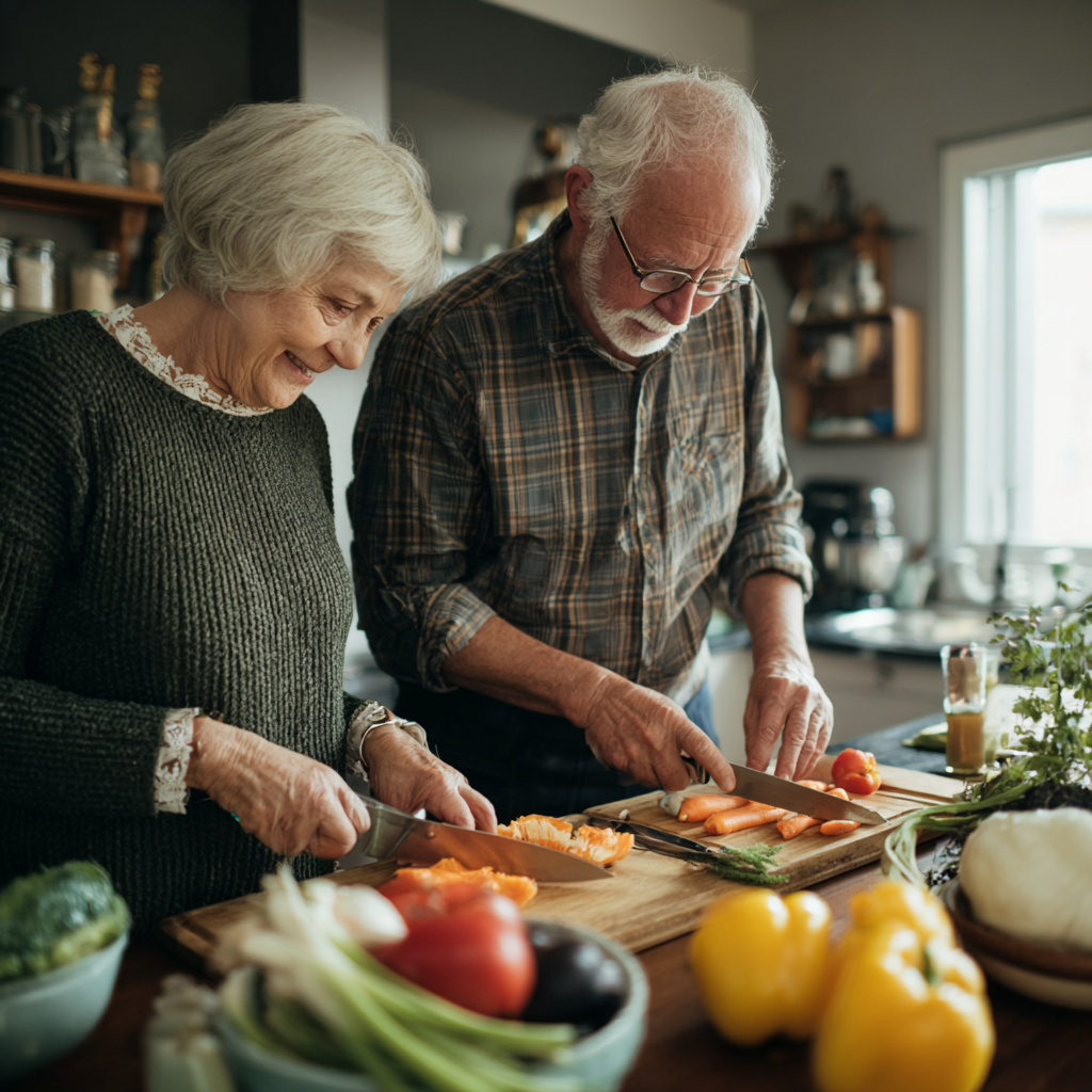 Senior couple preparing nutritious meal together in bright kitchen